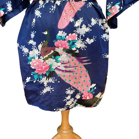 Peacock & Cherry Blossom Asian Inspired Silky Kimono Robe Navy Tik Tok Mini-M/L - Picture 7 of 10